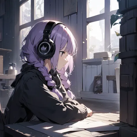 (Cute a girl:1.5), (a chibi girl with closs hair pin, pale purple hair, wavy two braids, blunt bangs hair, green and black eyes:1.4), anime visual, (tilt head:1.3), realistic lighting and shading, (an extremely delicate and beautiful art:1.3), (from side:1...