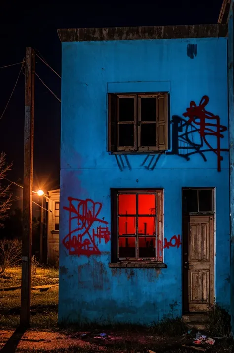 Night time scene, masterpiece, high quality, light blue and red lighting, abandoned house, window in center, graffiti in the background