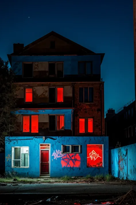 Night time scene, masterpiece, high quality, light blue and red lighting, abandoned house, window in center, graffiti in the background