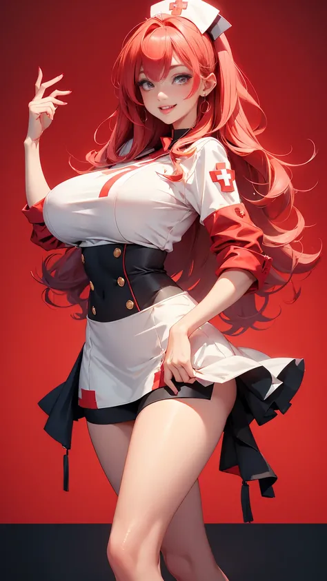 ((full_body))、Cute Woman、red_background、big_breasts、Detailed_skin、Detailed_Eye、Detailed_hair、(nurse_custom)、POP、vivid、smile、sexy_pose、服が破けている、tongue