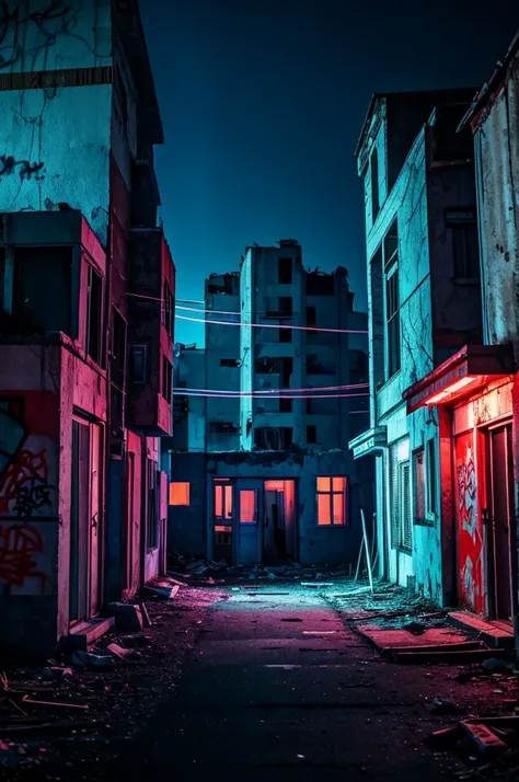 Night time scene, masterpiece, high quality, light blue and red lighting, abandoned house, window in center, graffiti in the background, Anime style, inside the building, Cyberpunk aesthetic