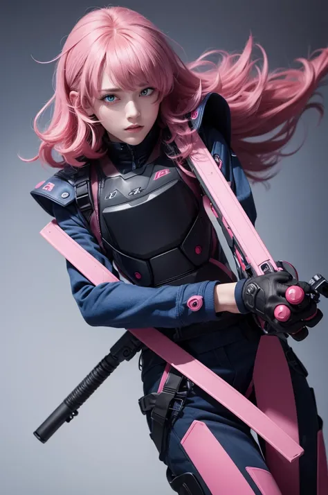 A man character with four arms its color pink/dark blue with red eyes and hair and has an instrument with a gun 