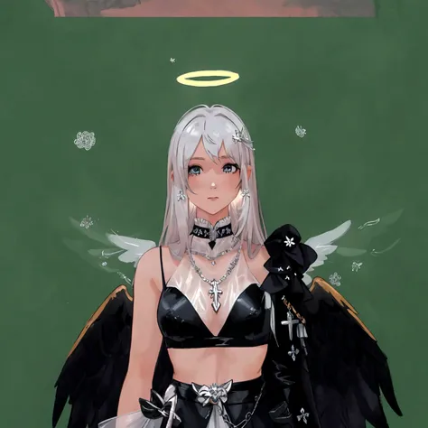 there is a woman with a angel wings and a necklace, wearing angel halo, angelic halo, npc with a saints halo, angel halo, npc with a saints halo, wearing angel, villainess has black angel wings, as a mystical valkyrie, angel themed, high angel distant shot...