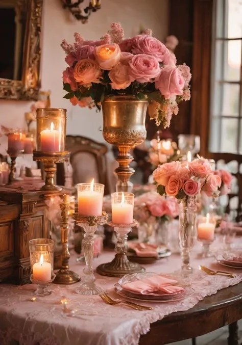 high quality,Official Art,bridal,Party,beautiful,ガーデンParty,Happiness,Western style,Brown antique furniture,Candles,Stylish,Instagram style,Transparency,Shabby chic,Postcard-style photos,outside,evening,Pink Sunset,