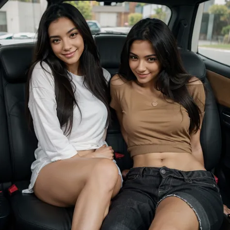 woman posing for a photo tumblr, realism, cute girl with long black hair, casual clothes, tan-skin, model body, staring at the camera, shy look, Her name is Eva Valentina Ruiz Diaz, winking and smiling. posing in a car, shes alone