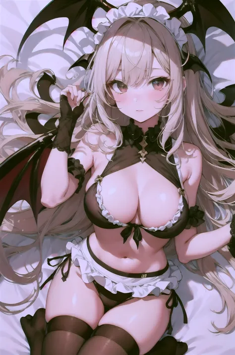 10th Generation,A beautiful woman,Beautiful breasts,Moe,Succubus,bat wings on the back,,Cow horns on the side of the head,Peach front tie bikini top,Ruffled apron dress,Headdress,Maid,Black knee socks