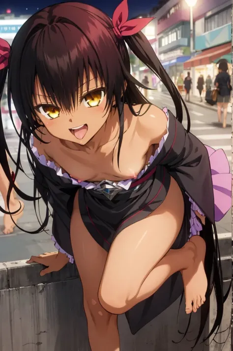 1girl, aster nemesis, dark-skinned female, black hair, very long hair, yellow eyes, flat chest kimono, obi, ribbon, twin tails, looking at viewer, outdoors, city, night, smile, ,,,(nsfw),8yo,bare foot,nipple,(((cun))),open mouth,tongue,bare shoulder,