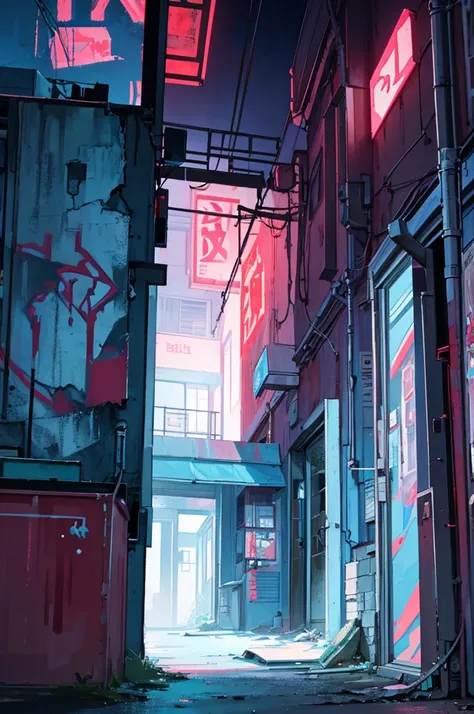 Night time scene, masterpiece, high quality, light blue and red lighting, abandoned house, window in center, graffiti in the background, Anime style, inside the building, Cyberpunk aesthetic