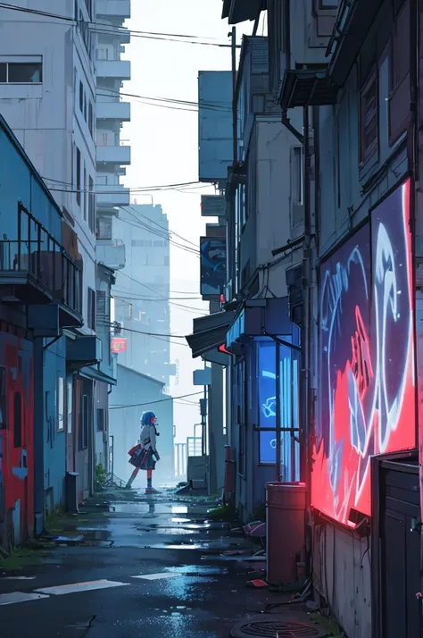 Night time scene, masterpiece, high quality, light blue and red lighting, abandoned house, window in center, graffiti in the background, Anime style, inside the building, Cyberpunk aesthetic