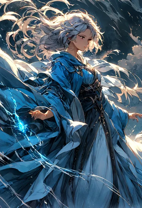 Create an illustration ofA mage garbed in azure robes, their hair dancing in the breeze, their spells conjuring swirling vortexes of wind to buffet their enemies. Their presence is as ephemeral as a passing breeze, yet their spells carry the force of a rag...