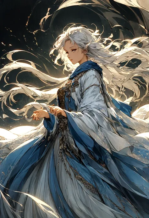 Create an illustration ofA mage garbed in azure robes, their hair dancing in the breeze, their spells conjuring swirling vortexes of wind to buffet their enemies. Their presence is as ephemeral as a passing breeze, yet their spells carry the force of a rag...