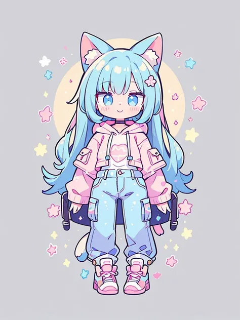 ((Highest quality，masterpiece，Extremely complex and exquisite details，A short girl with gray and blue cat ears and long hair is in the center，Gray blue super long straight hair，Curly hair at the ends，Sparse air bangs，Gray and pink T-shirt，Denim hooded crop...