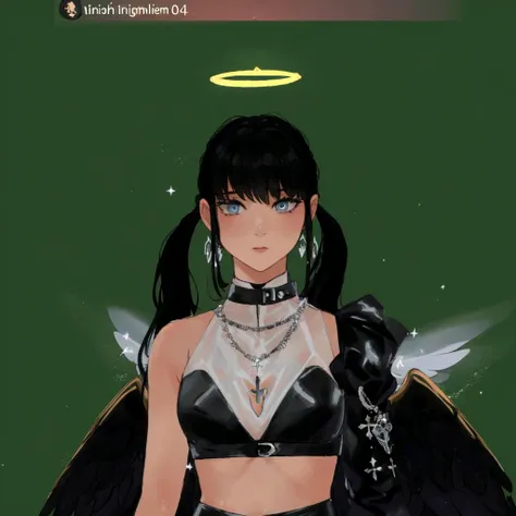 there is a woman in a black outfit with a halo on her head, wearing angel halo, angel halo, villainess has black angel wings, angelic halo, npc with a saints halo, as a mystical valkyrie, wearing angel halo covered face, npc with a saints halo, has black w...