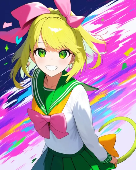 masterpiece,Highest quality,One girl, 一人in, Quad_tail, bow, green_eye, hair_bow, pink_hair, green_hair, Multicolor_hair, Glitch, Looking_in_Audience, School_uniform, smile, length_hair, upper_body, blonde_hair, Seraphim, Sailor_collar, multiple_hair_bows, ...