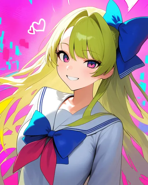 masterpiece,Highest quality,One girl, 一人in, Quad_tail, bow, green_eye, hair_bow, pink_hair, green_hair, Multicolor_hair, Glitch, Looking_in_Audience, School_uniform, smile, length_hair, upper_body, blonde_hair, Seraphim, Sailor_collar, multiple_hair_bows, ...