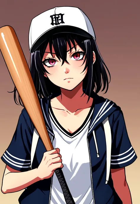 teenage woman, high school, delinquen, yandere and tomboyish, delinquent leader, has a cool and charming gaze, holding a baseball bat
