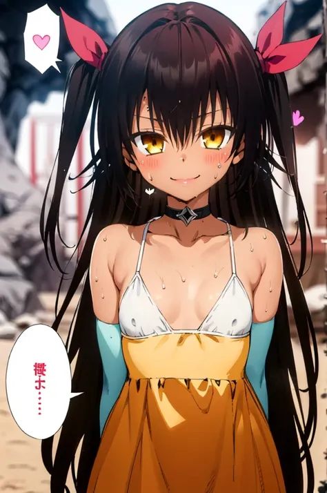 1girl, aster nemesis, dark-skinned female, black hair, very long hair, yellow eyes, flat chest , twin tails, looking at viewer, (((dark cave))), , tanned body,(((Sweating))), ,,8yo,,smile,,(spoken heart),bikini,cowboy shot