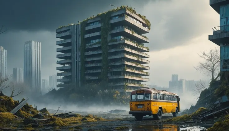 sci-fi world,view from a destroyed building,rusty school bus, abandoned land, rusty buildings, miss, dark clouds, abandoned city...