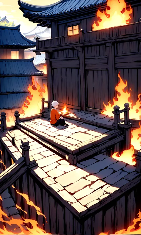 an animated scene depicting an young person with white hair and a sword,sitting on the steps of a traditional wooden structure w...