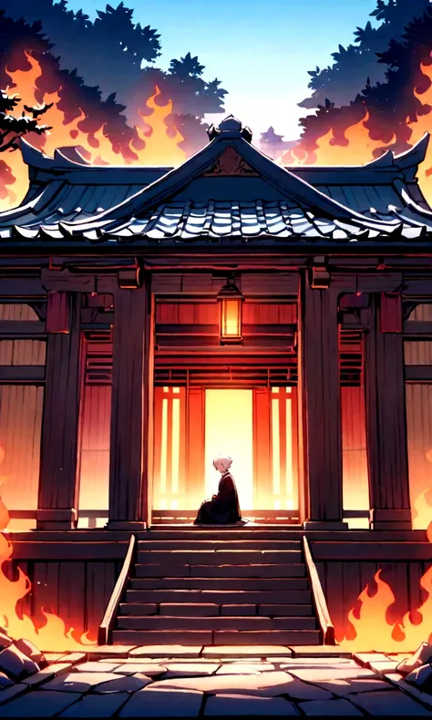 An animated scene depicting an young person with white hair and a sword,sitting on the steps of a traditional wooden structure with Japanese architectural elements. The background is engulfed in orange flames with trees burning, creating a fiery atmosphere...