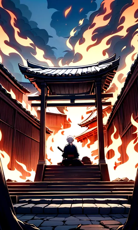 An animated scene depicting an young person with white hair and a sword,sitting on the steps of a traditional wooden structure with Japanese architectural elements. The background is engulfed in orange flames with trees burning, creating a fiery atmosphere...