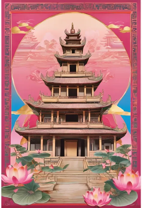 made of pink and gold crystals（2.0）the mogao grottoes，angkor wat。banner，poster，dunhuang elements。the background is a velvety sky...