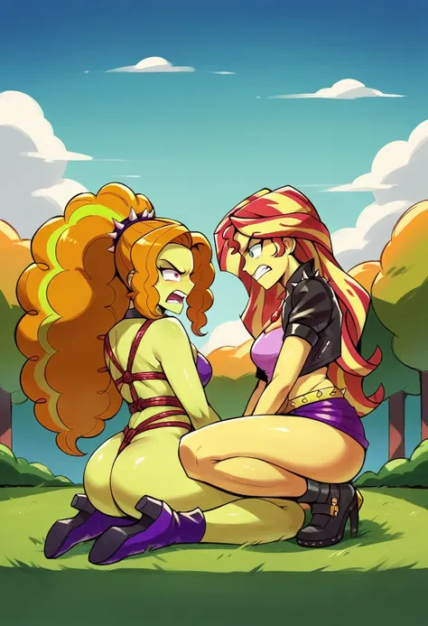 ((High Quality Image 10k)) ((Perfect Autonomy 10k)) Masterpiece, Adagio Dazzle and Sunset  Shimmer are naked, Adagio Dazzle is facesitting on Sunset Shimmers face at the park, Adagio Dazzle and sunset Shimmer Equestria Girls, Sunset Shimmer is restraint wi...