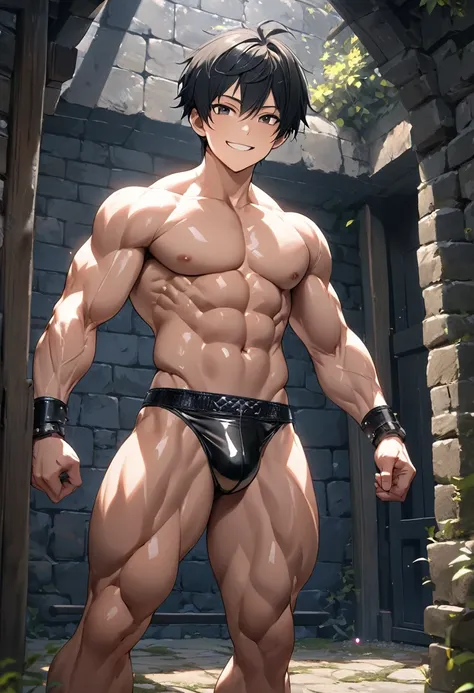 high quality, detailed, (16 years old japanese idol wrestler boy), (detailed black eyes), (black short hair), (muscle:1.5), (shiny skin), black tiny thong, bulge,(detailed nipples), yard, dungeon, (best quality,4k,8k,highres,masterpiece:1.2), smirk