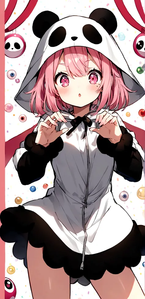 anime、Girl in panda costume、Pink Hair、Mole under the eye、Pink eyeball、Cute pose