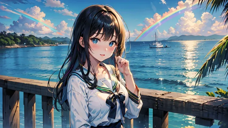 rainbow、美しいrainbow、(rainbowの空:1.5), relaxing high school girl、sailor suit、big、japanese 、wearing 、rainbow、ocean、splash playing re...