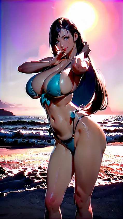 Highest quality、((Highest quality、masterpiece:1.3)), Sharp focus:1.2, (Beautiful woman with perfect figure:1.4)、Big Breasts, Smiling,double eyelid、30-year-old female、Sexy pose、((((bikini、Beach))))、Blue Eyes,(((Close your mouth、Standing posture)))、One Woman