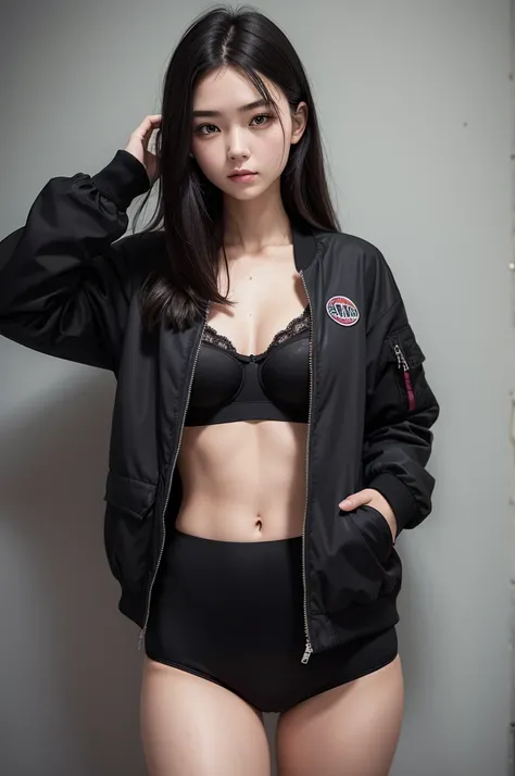 photograph of a 20 year old woman, face perfect, OGood de arte, Good, Underwear, blackw_Good, jaket, blackw_knickers