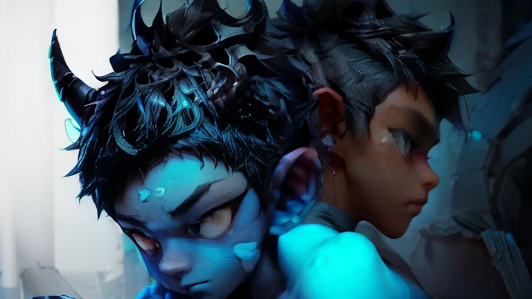 2boy demons, incubus , romantic seductive glare,young looking skinny toned, horns on head, black hair, (powder blue skin), abs, ...