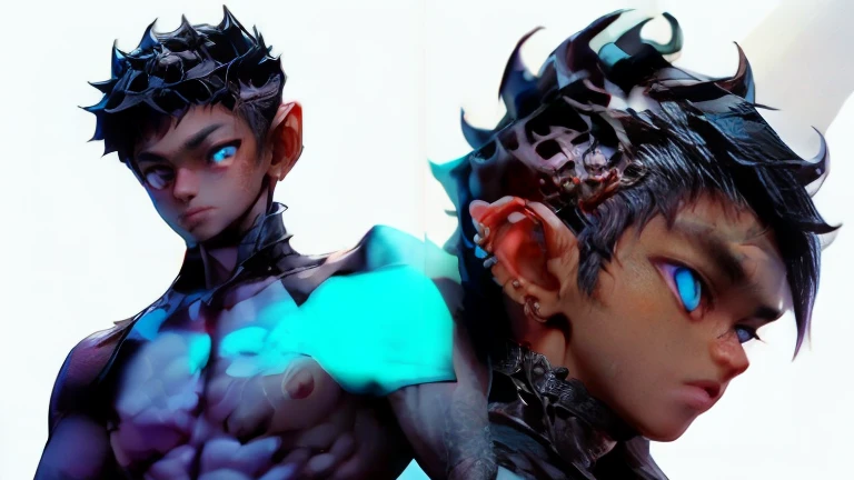 2boy demons, incubus , romantic seductive glare,young looking skinny toned, horns on head, black hair, (powder blue skin), abs, ...