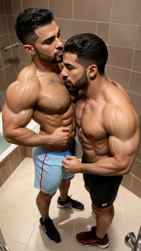 Latino beared muscle hunk, two person in one photo kissing each other mouth to mouth lip to lip kissing during bath, with big muscled chest, arms, triceps, biceps, wrist, in underwear, football soccer shoes, sexy hairstyle, handsome face, standing in offic...