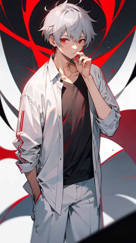 male、Gray Hair、Berry Short、Red Eye、Earrings、White overshirt、Black innerwear、I&#39;m wearing jeans、At work、talking on a smartphone、being scolded by the boss、Have a dark face