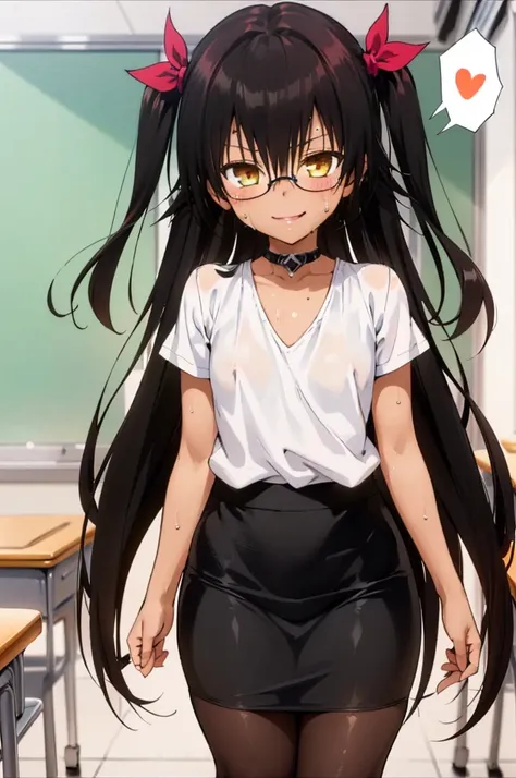 1girl, aster nemesis, dark-skinned female, black hair, very long hair, yellow eyes, flat chest , twin tails, looking at viewer, classroom,teacher outfit , tanned body,(((Sweating))), ,,8yo,,smile,,(spoken heart),(,cowboy shot,white blouse,glasses,pencil sk...