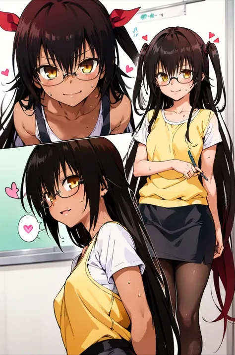 1girl, aster nemesis, dark-skinned female, black hair, very long hair, yellow eyes, flat chest , twin tails, looking at viewer, classroom,teacher outfit , tanned body,(((Sweating))), ,,8yo,,smile,,(spoken heart),(,cowboy shot,white blouse,glasses,pencil sk...