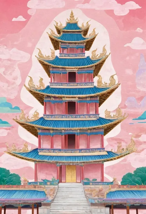 made of pink and gold crystals（2.0）the mogao grottoes，angkor wat。transparent building，chinese-style buildings made of glazed til...