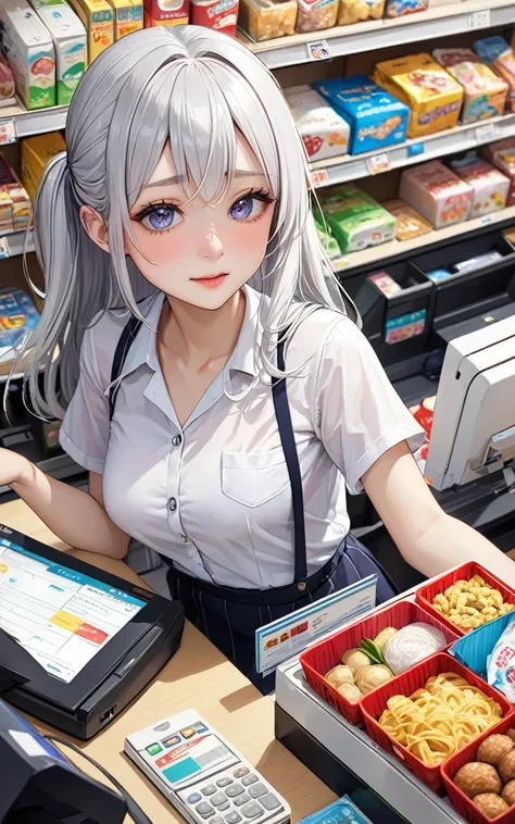 Highest quality、super high quality、16K, Breast size is random、Facial expressions are random、The place is a convenience store、 Hair color is silver hair、The pose is of a person working at the cash register at a convenience store.、The distance is random、Angl...