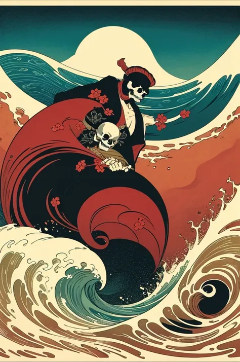 Ukiyo-e skull hanafuda wave illustration