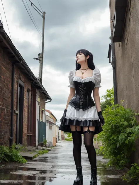 A beautiful woman, gothic, 19th century Victorian style gothic clothing inspired by anime, in an alley, rebellious, looking at the sky, closing her eyes, /(top focus), water hitting her face, short skirt, blouse, corset, stockings , leather gloves, leather...