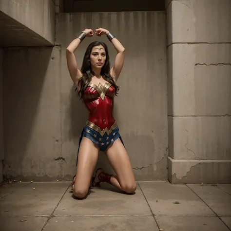 ((Full-length photo, standing, feet on the ground)) Washington DC Wonder Woman kneeling, Handcuffed and fully tied with hands up in prison, sexslave