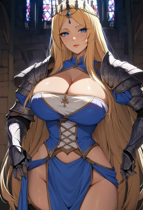 1 woman, medieval, queen, Caucasian, light skin, blue eyes, plump lips, absolutely beautiful face, large breasts, cleavage, wide hips, elegant armour chestplate, heavy cleavage, straight blonde hair, detailed skin, skin detail, (best quality,4k,8k,highres,...