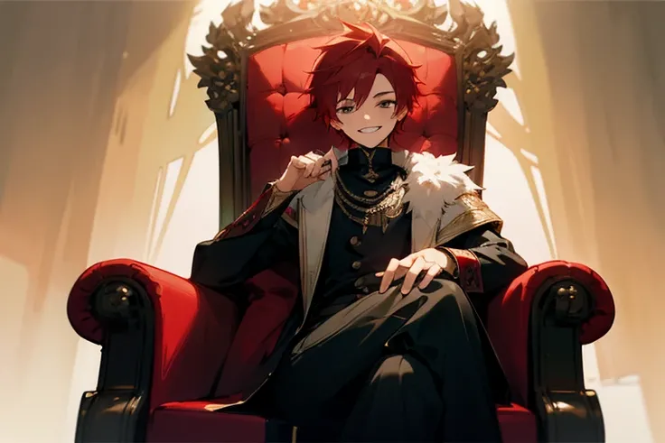 Young man with red hair　Sitting on a throne　KING thumbnail style　Grinning