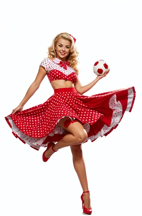 smiling blonde pin-up girl holding a soccer ball in her hands, full length in a red dress with big polka dots, wavy short pin-up hairstyle with a red bandana, dynamic pose curved waist, professional shot, super realism, white background