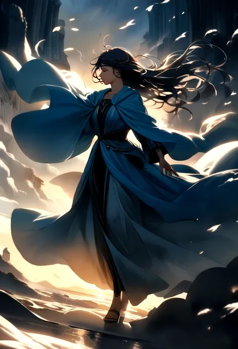 A mage garbed in azure robes, their hair dancing in the breeze, their spells conjuring swirling vortexes of wind to buffet their enemies. Their presence is as ephemeral as a passing breeze, yet their spells carry the force of a raging storm. The background...