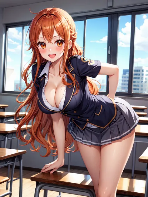 Masterpiece ,best quality , high resolution , (1 girl solo:1.38) , (nami , orange hair , long wavy hair,  orange eyes) , (cleavage:1.2) , (medium breast:1.28) , ( wear miniskirt , uniform , bow knot) , (cleavage:1.15) , (big breast:1.1) , (face view , fron...