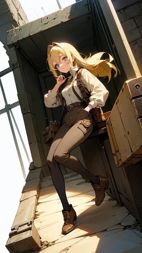 Anime girl wearing blonde hair wearing steampunk outfit holding a bunker with workers tool in her pocket full body and white screen her eyes are blue