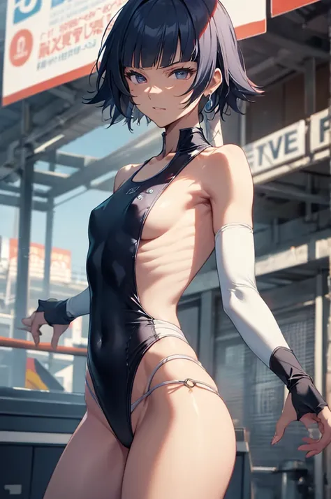 soifon,swimsuit, sideboob, hip vent, detached sleeves, bare shoulders,(flat chest),slender,masterpiece,Noise Reduction,perfect anatomy,high resolution, ultra-detailed,game cg,dutch angle ,beautiful detailed eyes,visualart,five fingers, perfect hands, perfe...